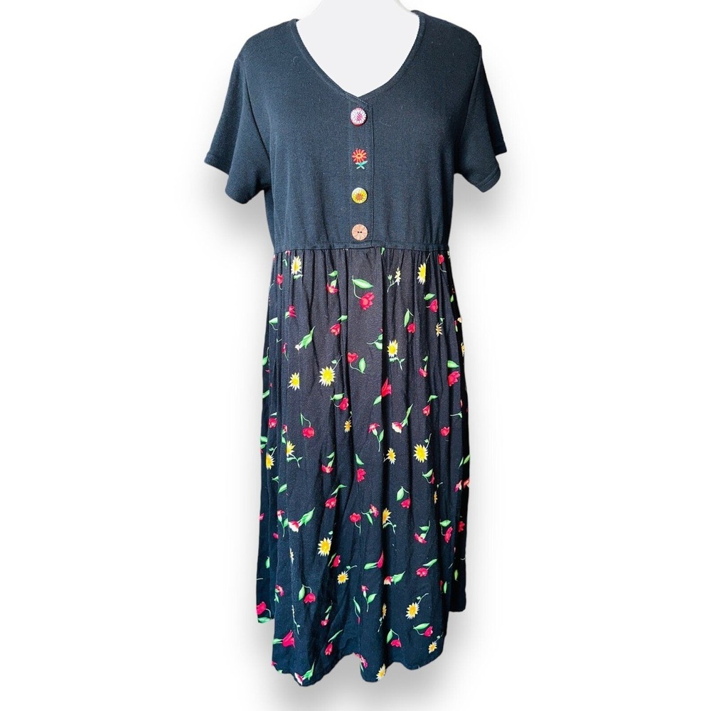 C3 Vintage Impressions of California Flower Dress Cottagecore Ribbed Black USA M